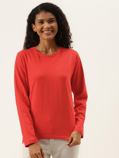 

PRINTOCTOPUS Women Red Pure Cotton Solid T-shirt