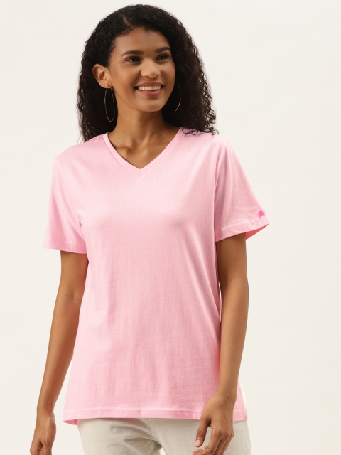 

PRINTOCTOPUS Women Pink V-Neck Pure Cotton Solid T-shirt