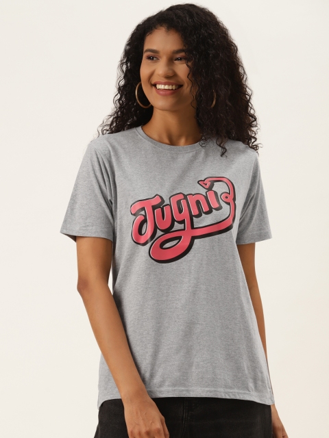 

PRINTOCTOPUS Women Grey Melange & Red Pure Cotton Typography Printed T-shirt