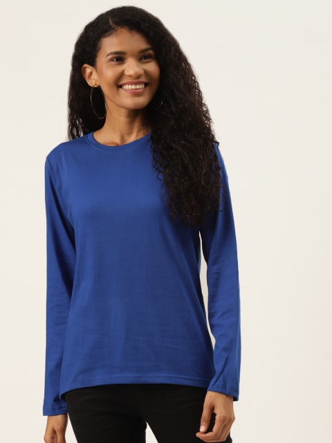 

PRINTOCTOPUS Women Navy Blue Solid Pure Cotton T-shirt
