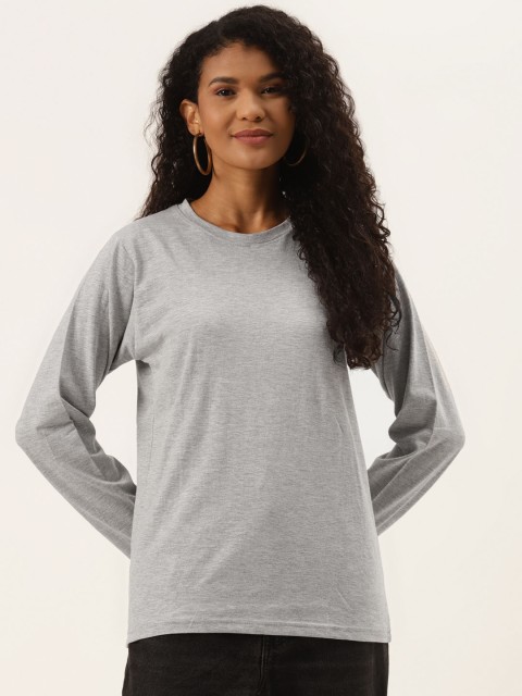 

PRINTOCTOPUS Women Grey Melange Pure Cotton Solid T-shirt