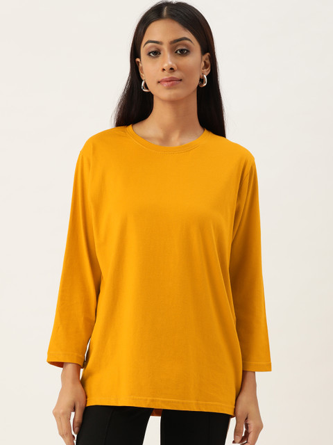 

PRINTOCTOPUS Women Mustard Yellow Solid Cotton T-shirt
