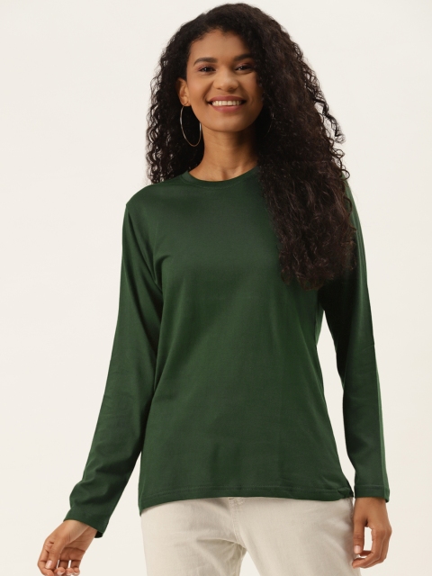 

PRINTOCTOPUS Women Green Pure Cotton Solid T-shirt