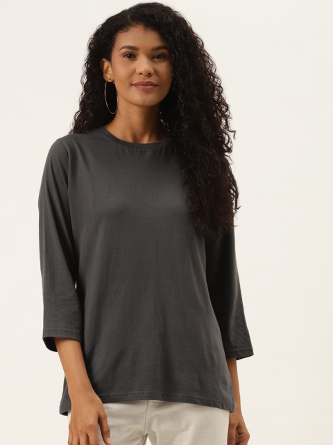 

PRINTOCTOPUS Women Charcoal Grey Pure Cotton Solid T-shirt