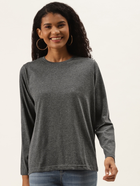 

PRINTOCTOPUS Women Grey Melange Solid Pure Cotton T-shirt