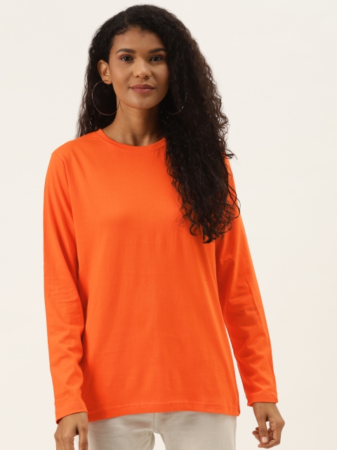 

PRINTOCTOPUS Women Orange Solid Pure Cotton T-Shirt