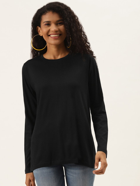 

PRINTOCTOPUS Women Black Pure Cotton Solid T-shirt