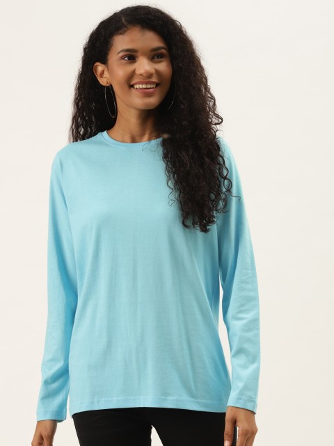 

PRINTOCTOPUS Women Blue Solid Pure Cotton T-shirt
