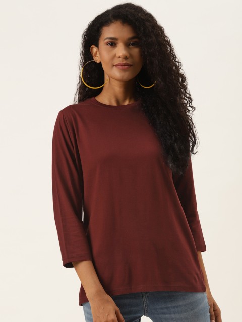 

PRINTOCTOPUS Women Maroon Pure Cotton Solid T-shirt