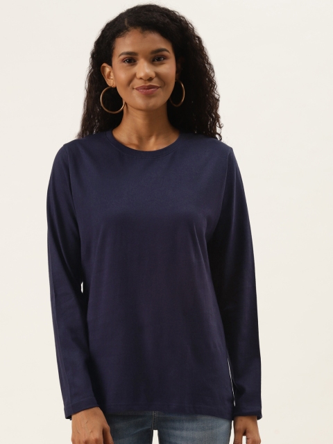 

PRINTOCTOPUS Women Navy Blue Pure Cotton Solid T-shirt