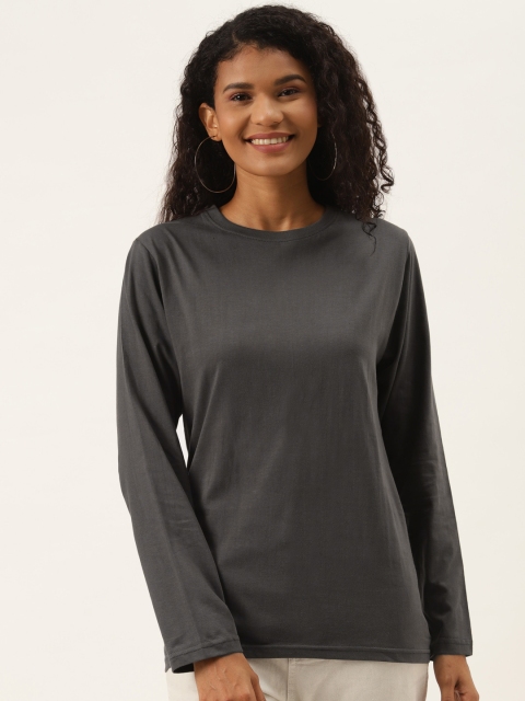 

PRINTOCTOPUS Women Charcoal Solid Pure Cotton T-shirt