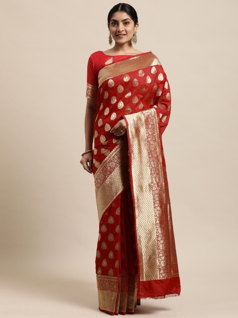 

Mitera Red & Gold-Toned Ethnic Motifs Woven Kanjeevaram Saree