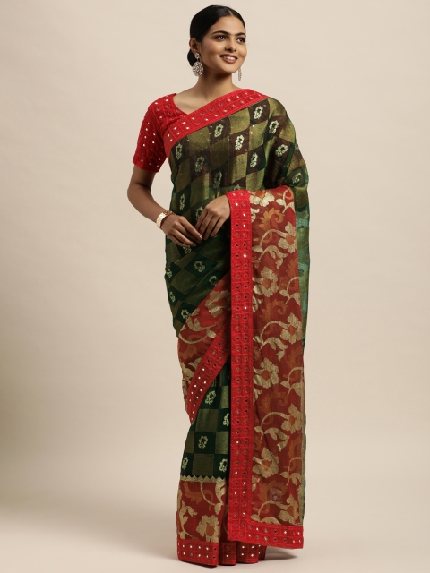

Mitera Teal & Red Embroidered Lace Brasso Saree With Mirror Work