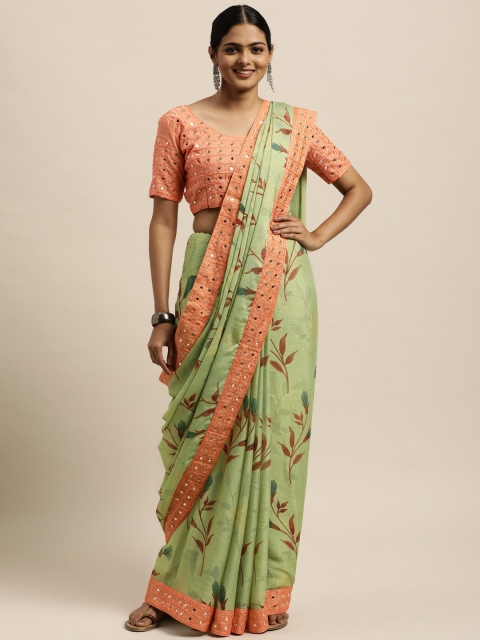 

Mitera Olive Green & Peach-Coloured Floral Printed Brasso Saree With Mirror Work