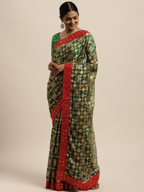 

Mitera Green & Yellow Geometric Design Embroidered Brasso Saree With Mirror Work