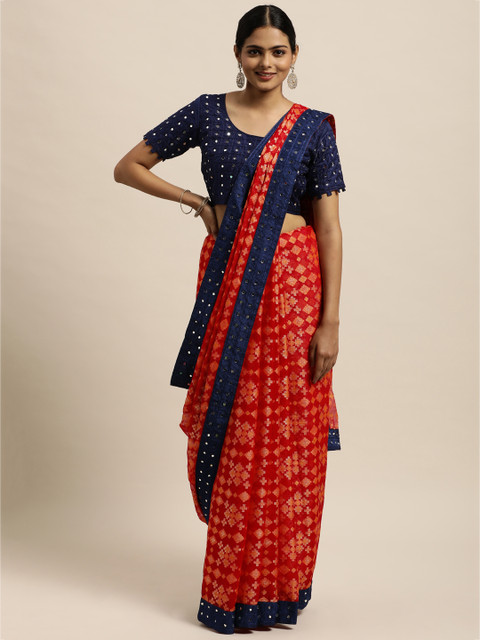 

Mitera Yellow & Pink Geometric Design Embroidered Lace Brasso Saree With Mirror Work