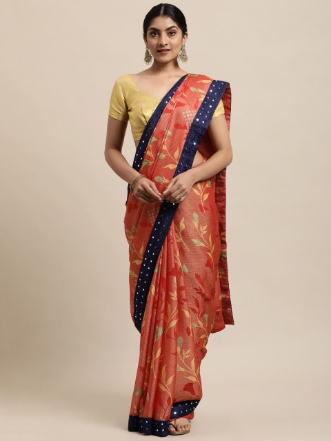 

Mitera Orange & Blue Floral Embroidered Lace Brasso Saree With Mirror Work