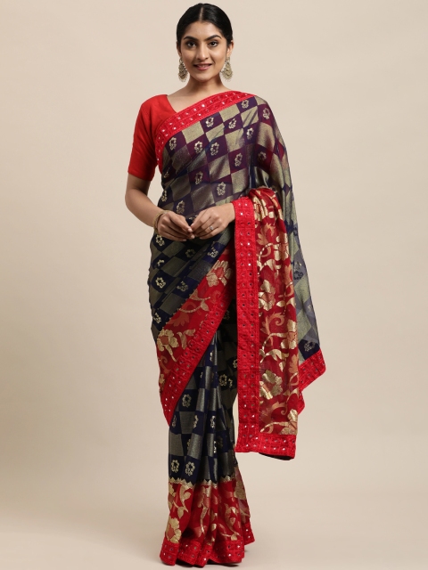 

Mitera Navy Blue & Red Floral Embroidered Lace Brasso Saree