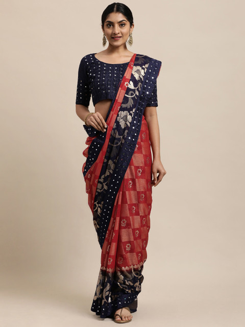 

Mitera Red & Blue Ethnic Motifs Embroidered Lace Brasso Saree With Mirror Work