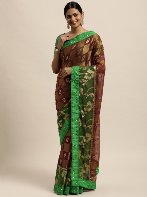 

Mitera Maroon & Green Ethnic Motifs Embroidered Lace Brasso Saree With Mirror Work