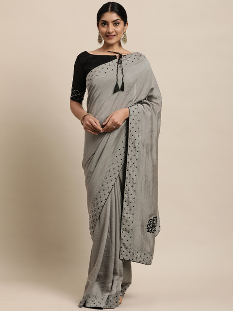 

Mitera Grey Embellished Saree With Applique Patchwork