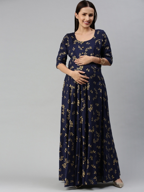 

Swishchick Navy Blue & Gold Floral Maternity Maxi Dress