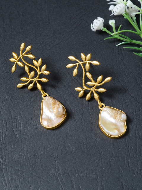 

Golden Peacock Gold-Toned & Stone-Studded Leaf Shaped Classic Drop Earrings