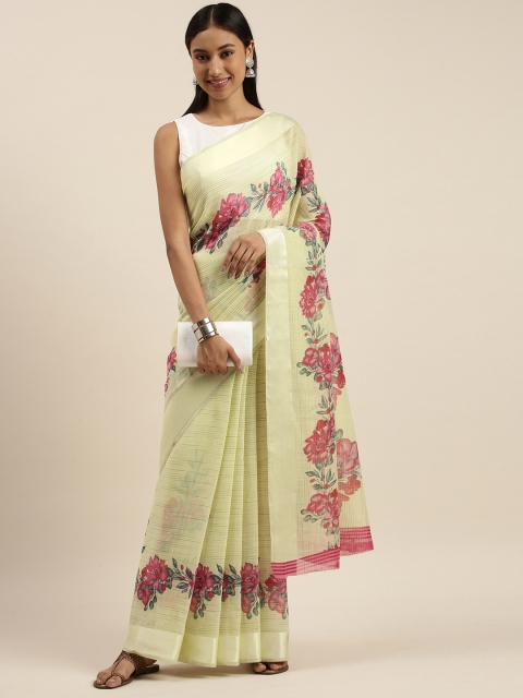 

KALINI Yellow Floral Linen Blend Saree