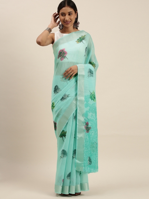 

Mitera Turquoise Blue Floral Linen Blend Saree