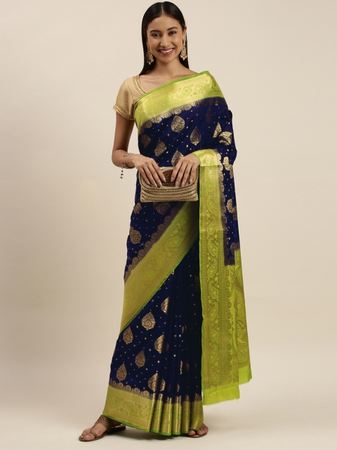 

Mitera Navy Blue & Lime Green Ethnic Motifs Zari Silk Blend Mangalagiri Saree