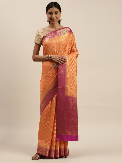 

Mitera Orange & Magenta Ethnic Motifs Zari Silk Blend Mangalagiri Saree