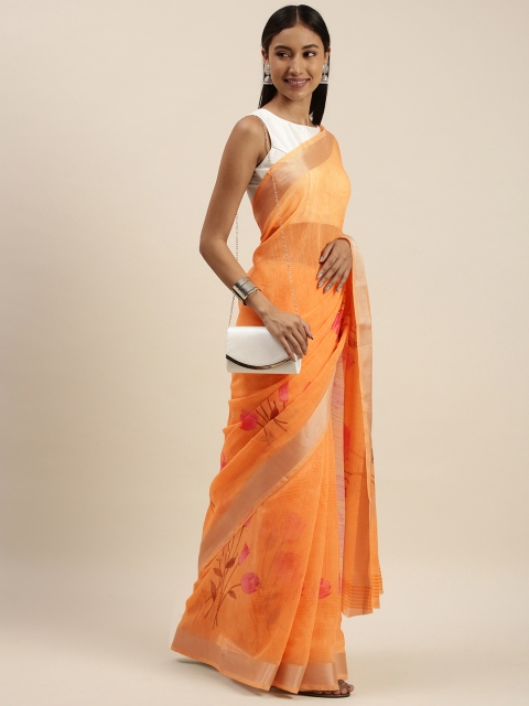 

KALINI Orange Floral Linen Blend Saree