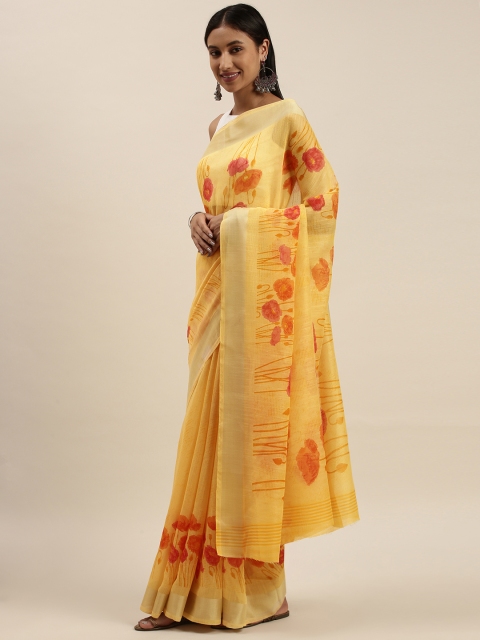 

KALINI Yellow Floral Linen Blend Saree