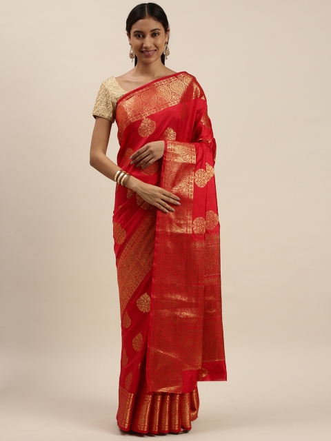 

Mitera Red Ethnic Motifs Zari Silk Blend Mangalagiri Saree