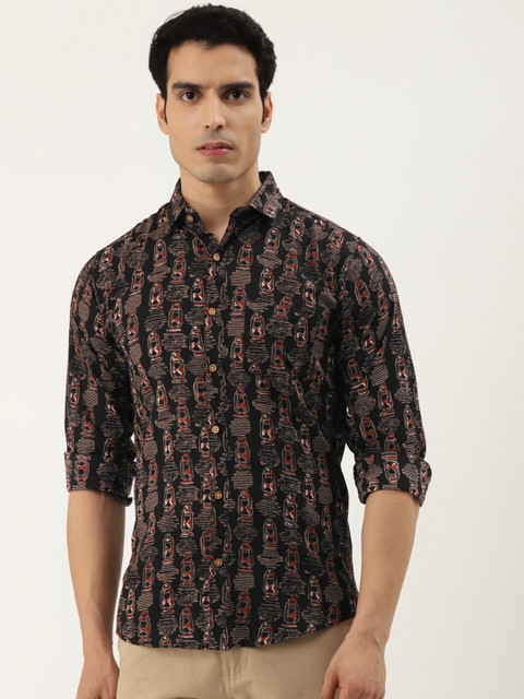 

FERANOID Men Black Opaque Cotton Printed Casual Shirt