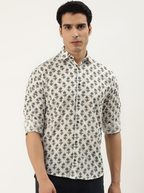 

FERANOID Men White Opaque Cotton Printed Casual Shirt