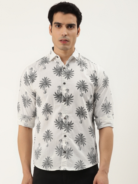 

FERANOID Men White Tropical Printed Cotton Opaque Casual Shirt