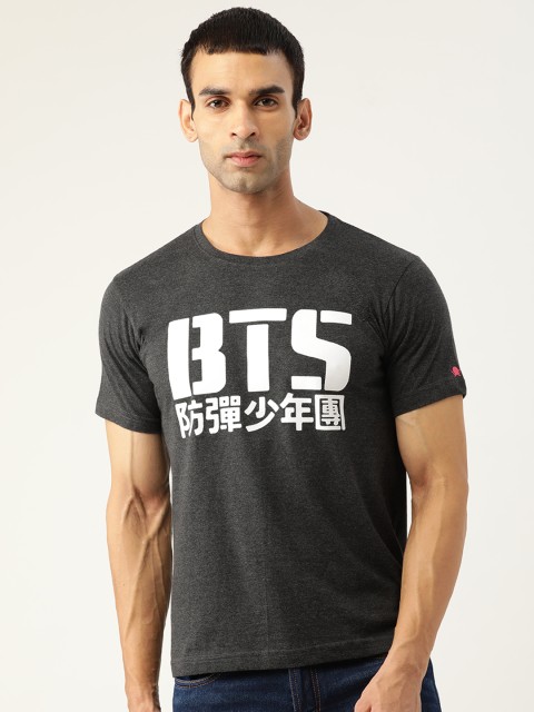 

PRINTOCTOPUS Men Charcoal & White Kpop BTS Logo Printed Cotton T-shirt