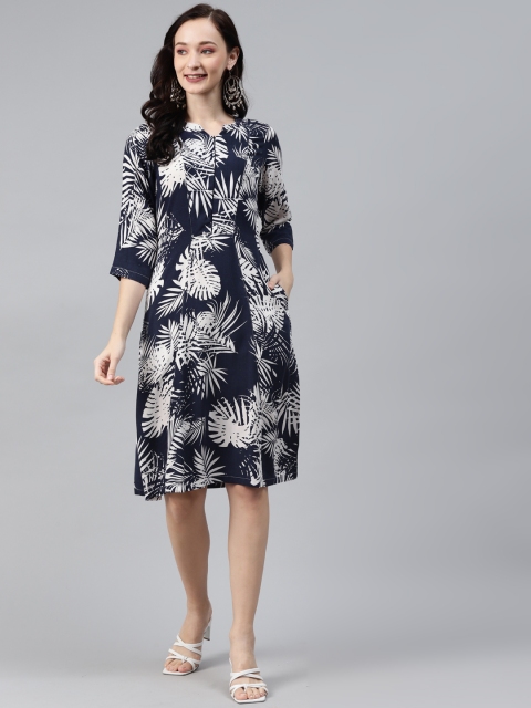 

Ayaany Navy Blue Floral A-Line Midi Dress