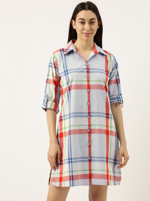 

Clt.s Women Blue Checked Pure Cotton Sleep Shirt