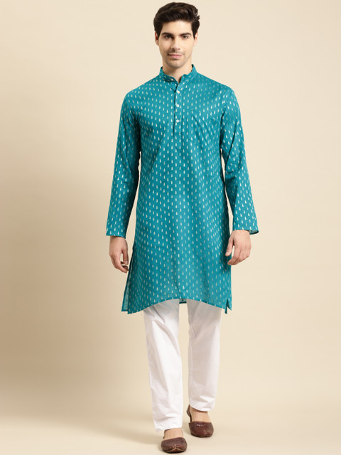 

RAJUBHAI HARGOVINDAS Men Teal Blue Dobby Kurta