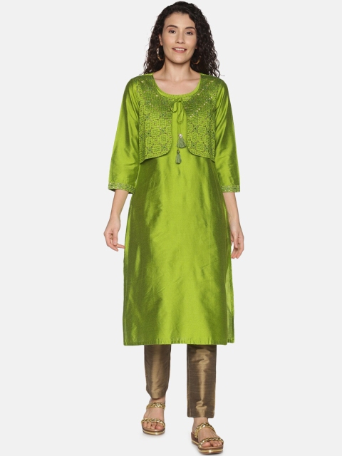 

Saffron Threads Women Green Embroidered Straight Kurta