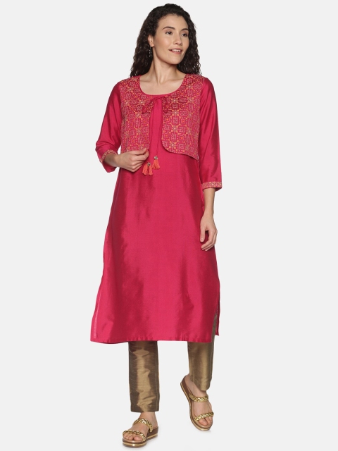 

Saffron Threads Women Pink Embroidered Straight Kurta