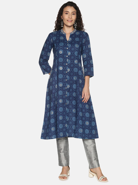 

Saffron Threads Women Blue & Silver-Toned Ethnic Motifs Embroidered Kurta