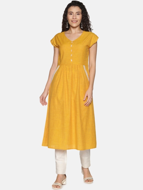 

Saffron Threads Women Mustard Yellow V-Neck A-Line Kurta