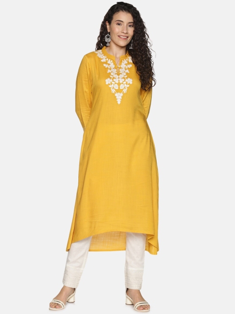 

Saffron Threads Women Mustard Yellow Floral Thread Work Kurta