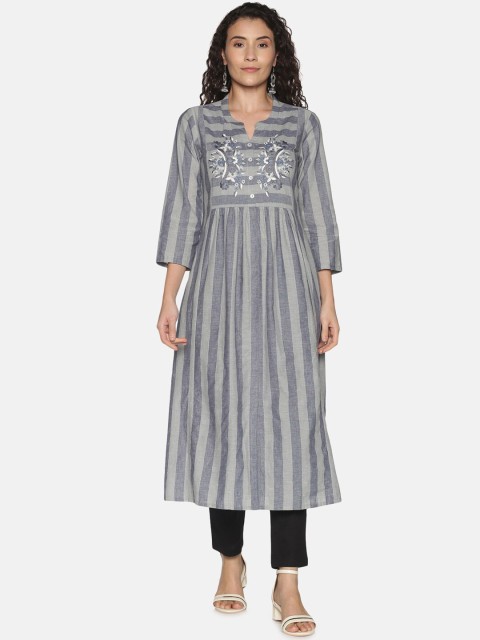 

Saffron Threads Women Grey Striped and Embroidered A-Line Kurta