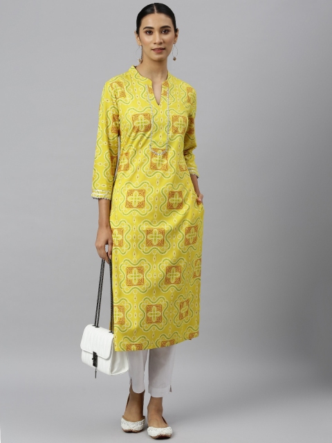 

Khushal K Women Yellow & Red Bandhani Printed Gotta Patti Kurta