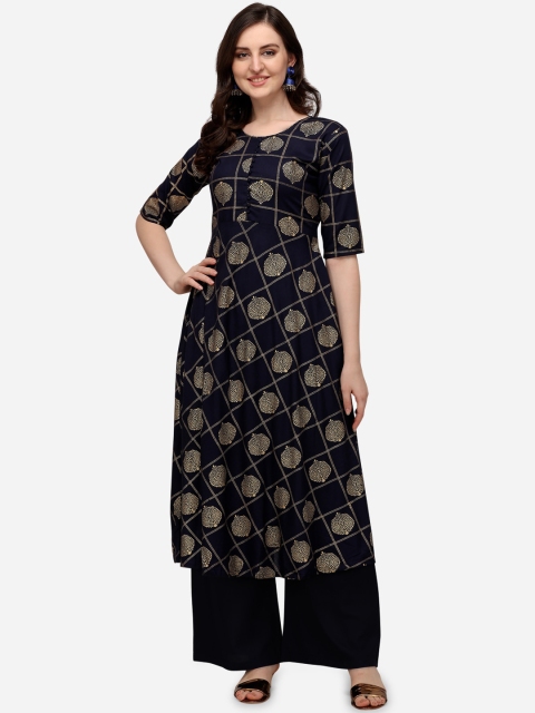 

Florence Women Navy Blue & Gold-Toned Ethnic Motifs Foil Printed Anarkali Kurta