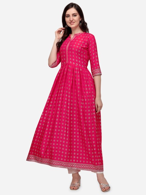 

Florence Women Pink & Gold-Toned Ethnic Motifs Printed Anarkali Kurta